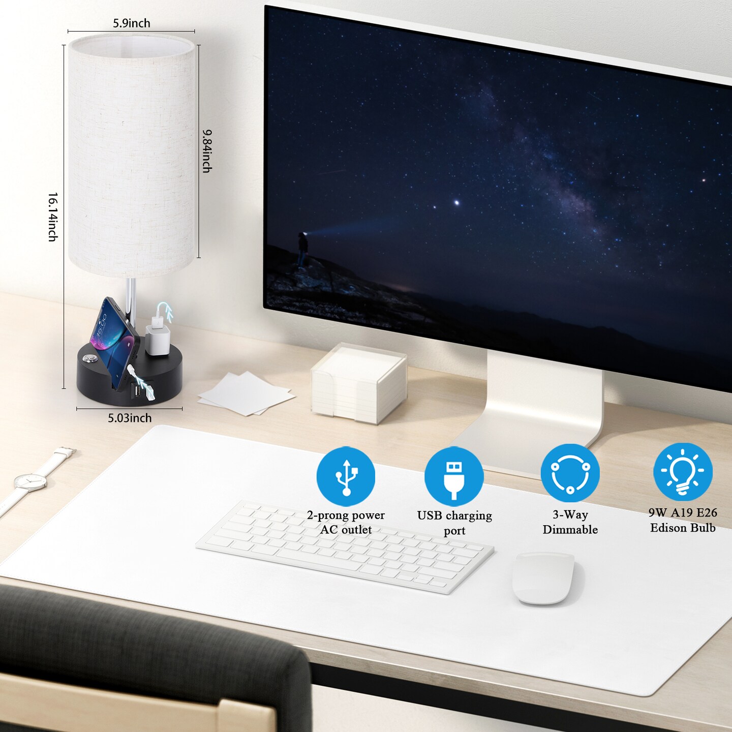 2pcs Touch Control Table Lamps with USB Ports Nightstand Lamp for Living Room