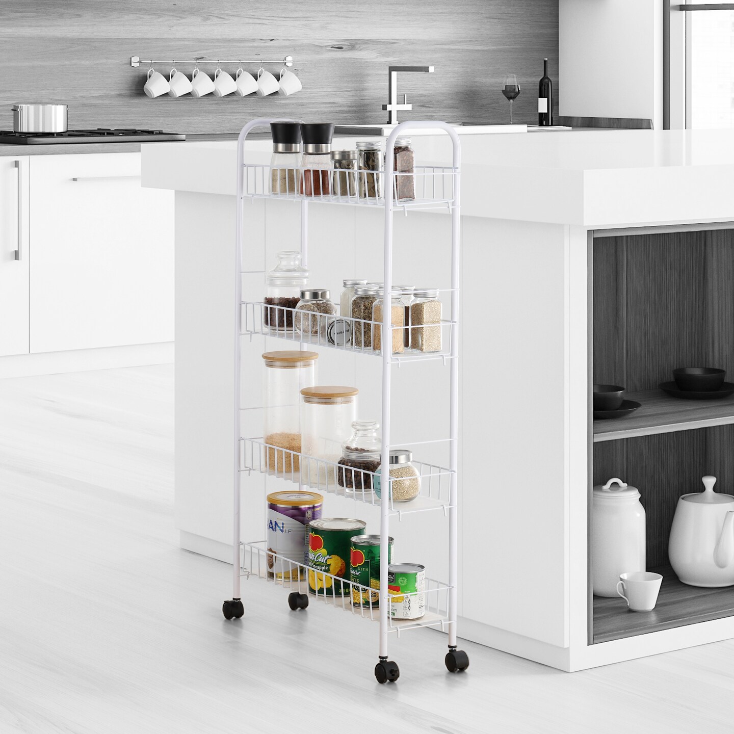 4-Tier Slim Rolling Cart for Narrow Spaces Durable Iron Organizer with Wheels, Cream White, Easy Assembly, Space-Saving Storage Solution