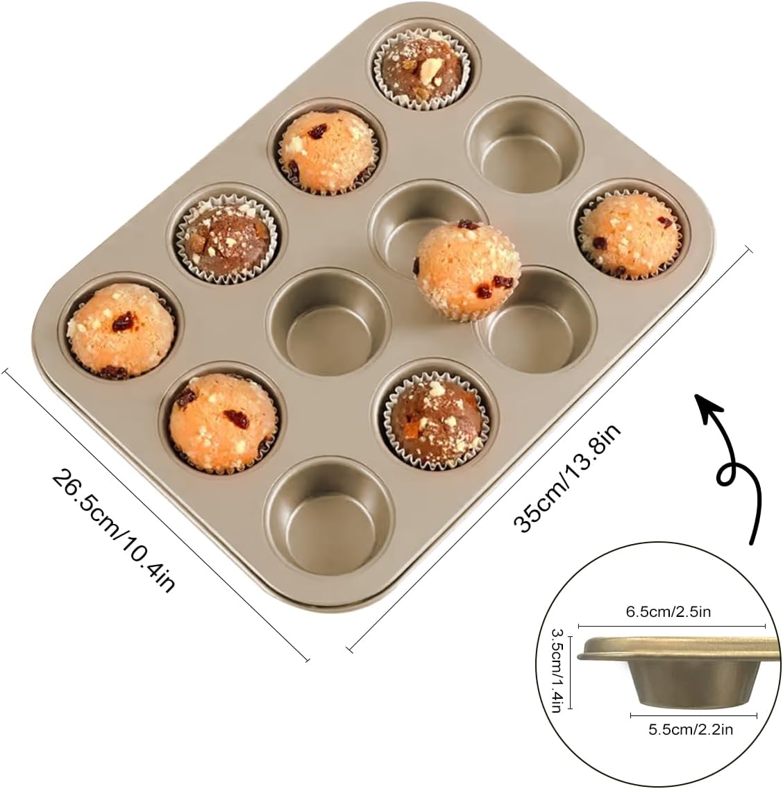 Muffin Pan, Cupcake Pan, Set of 2, 12-Cup Muffin Tin, Non-Stick Bakeware, Easy to Release and Clean, Baking Molds, Muffin Tray, Molds for Homemade Cupcakes &#x26; Muffins (Gold)