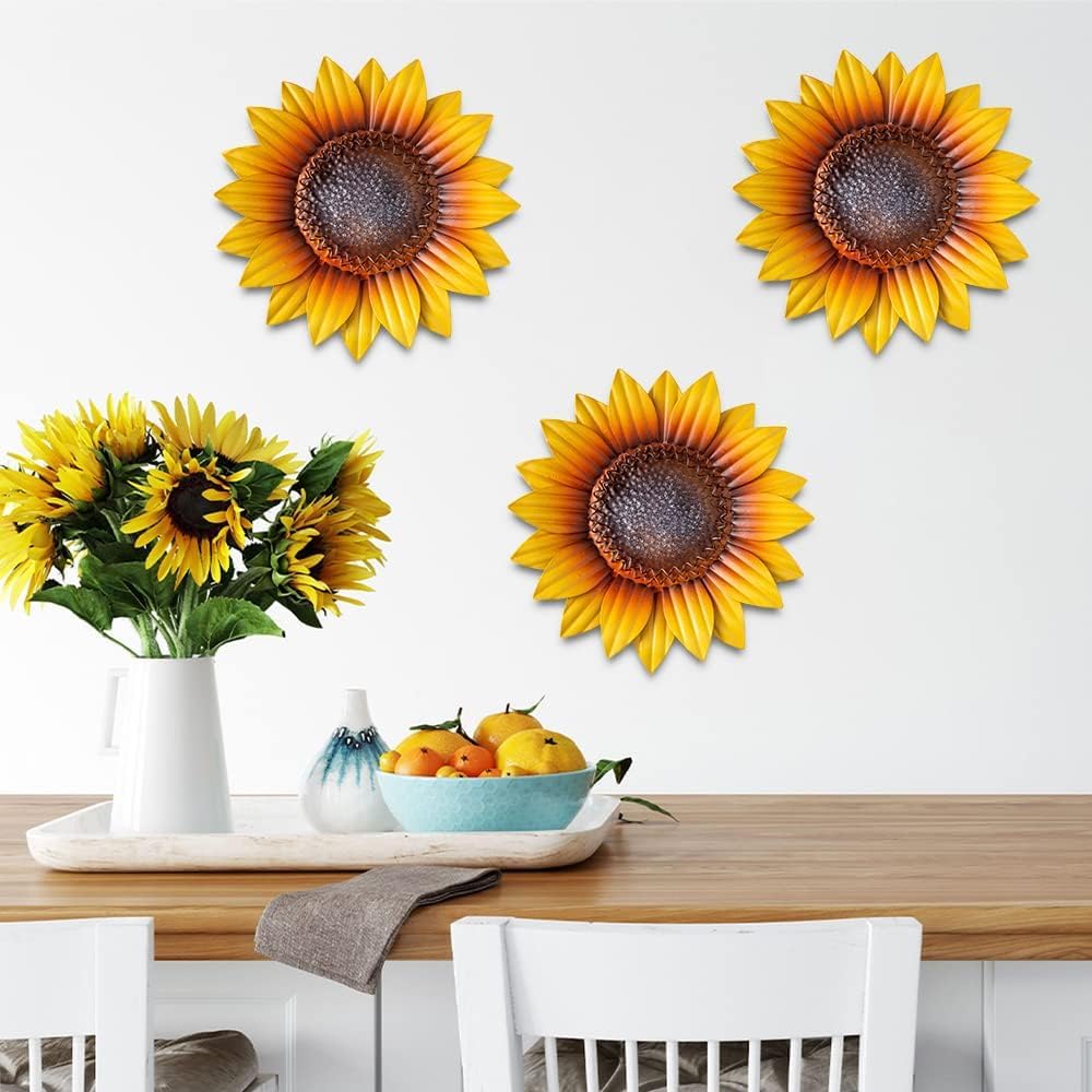 Sunflower Wall Decor - 9'' Metal Flower Wall Art Decorations 3 Pack Spring Yard Garden Sunflower Decor Hanging for Kitchen, Bathroom, Bedroom, Set of 3 Handmade Gift for Home, Indoor, Outdoor