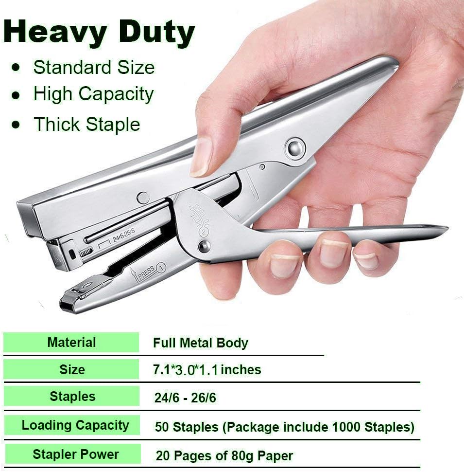 Plier Stapler Heavy Duty Office Stapler Hand Held 20-Sheet Stapler Papers Stapling Machine with 1000 Staples and Staple Remover Tool, Silver