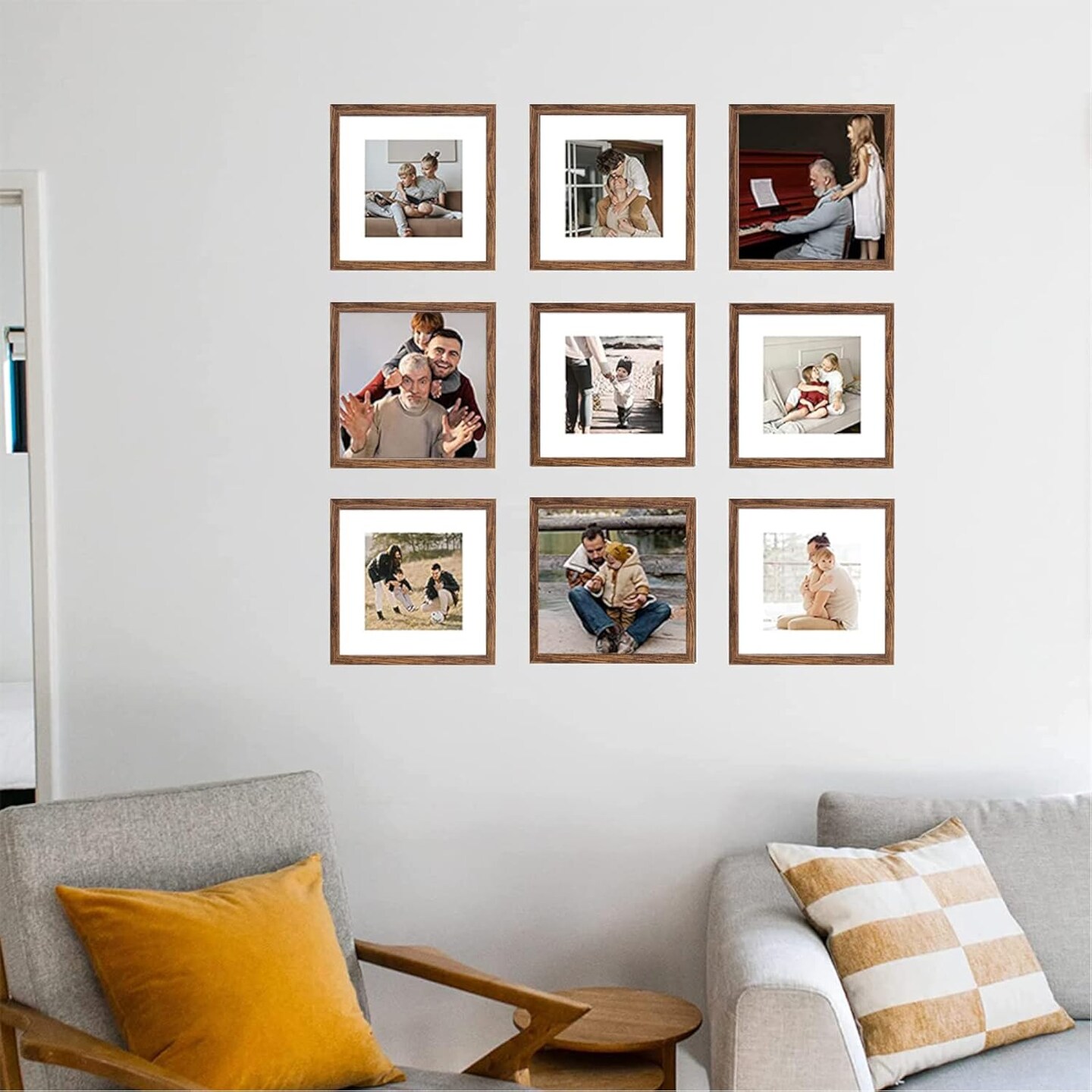 8x8 Picture Frame Rustic Brown Wood Set of 6,Display Pictures 5x5 with Mat or 8x8 Without Mat,Multi Photo Frames Collage for Wall