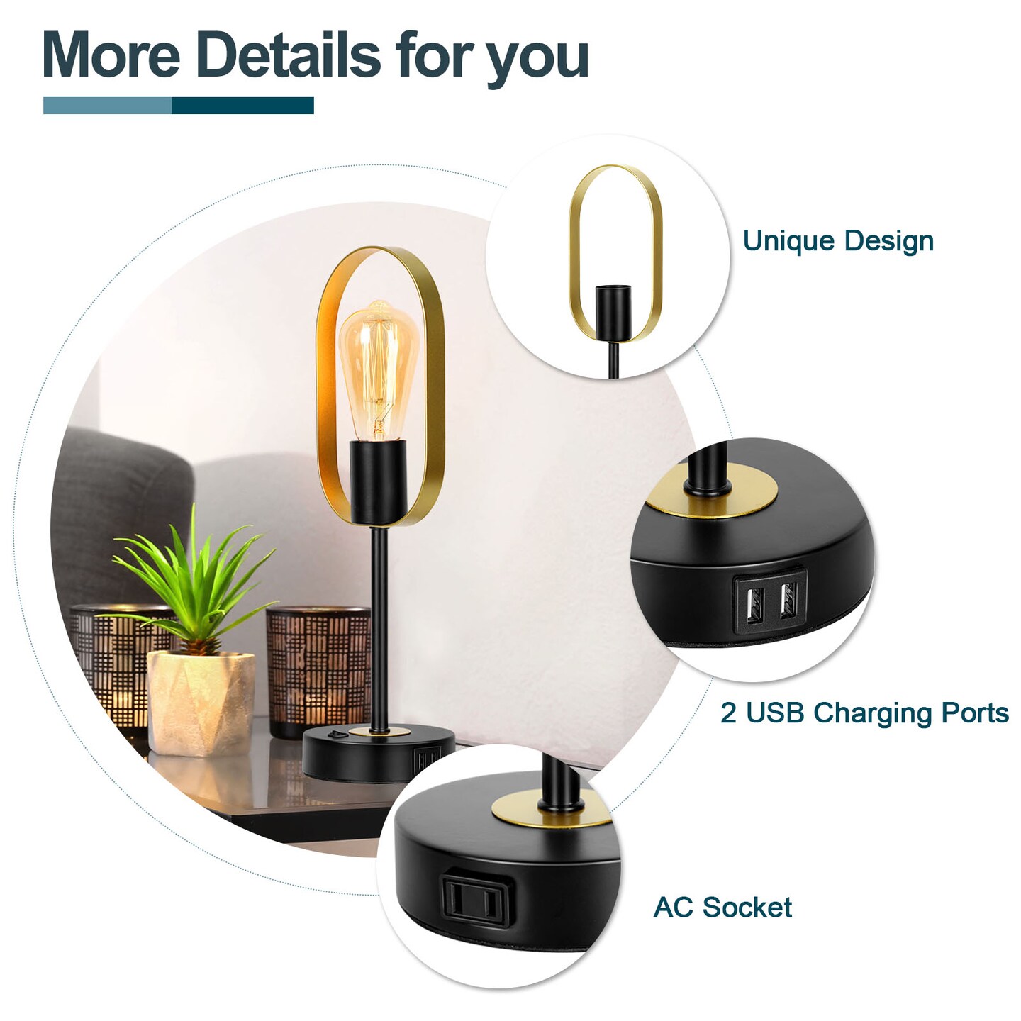Modern Oval Ring Table Lamp Unique Desk Light with 2 USB Ports & AC Outlet for Bedroom, Office, or Living Room