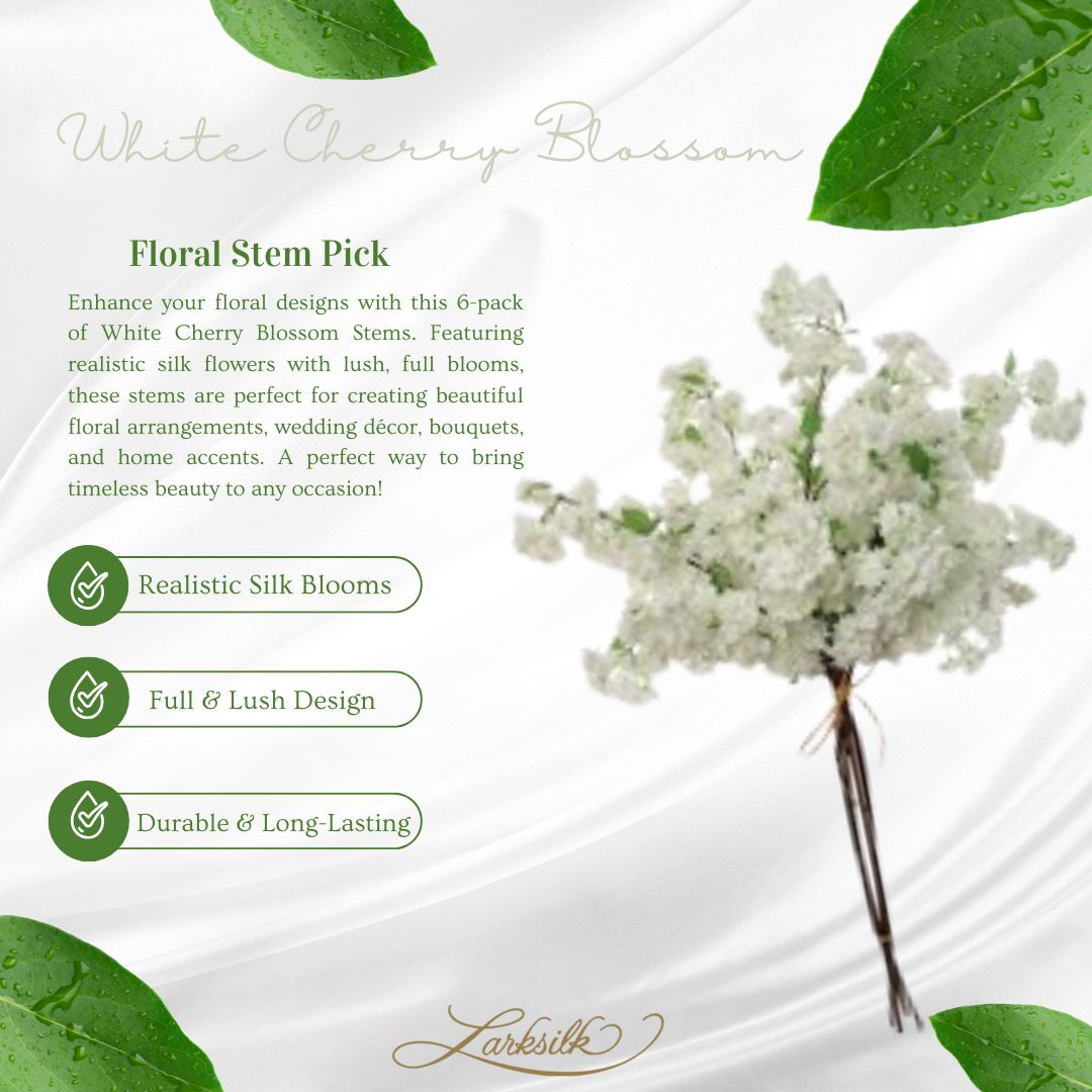 6-Pack: White Cherry Blossom Stems - Realistic Silk Flowers with Lush Blooms, Perfect for Floral Arrangements, Wedding Decor, Bouquets &#x26; Home Accents, Floral Home by Artificial Flowers