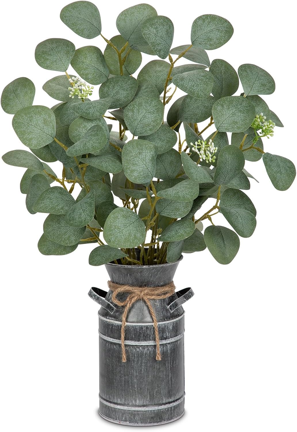 Lifelike Artificial Eucalyptus Plant in Rustic Metal Vase &#x2013; 19&#x22; Realistic Faux Greenery for Farmhouse Home D&#xE9;cor, Living Room, Kitchen, Office, Weddings &#x26; Table Centerpieces