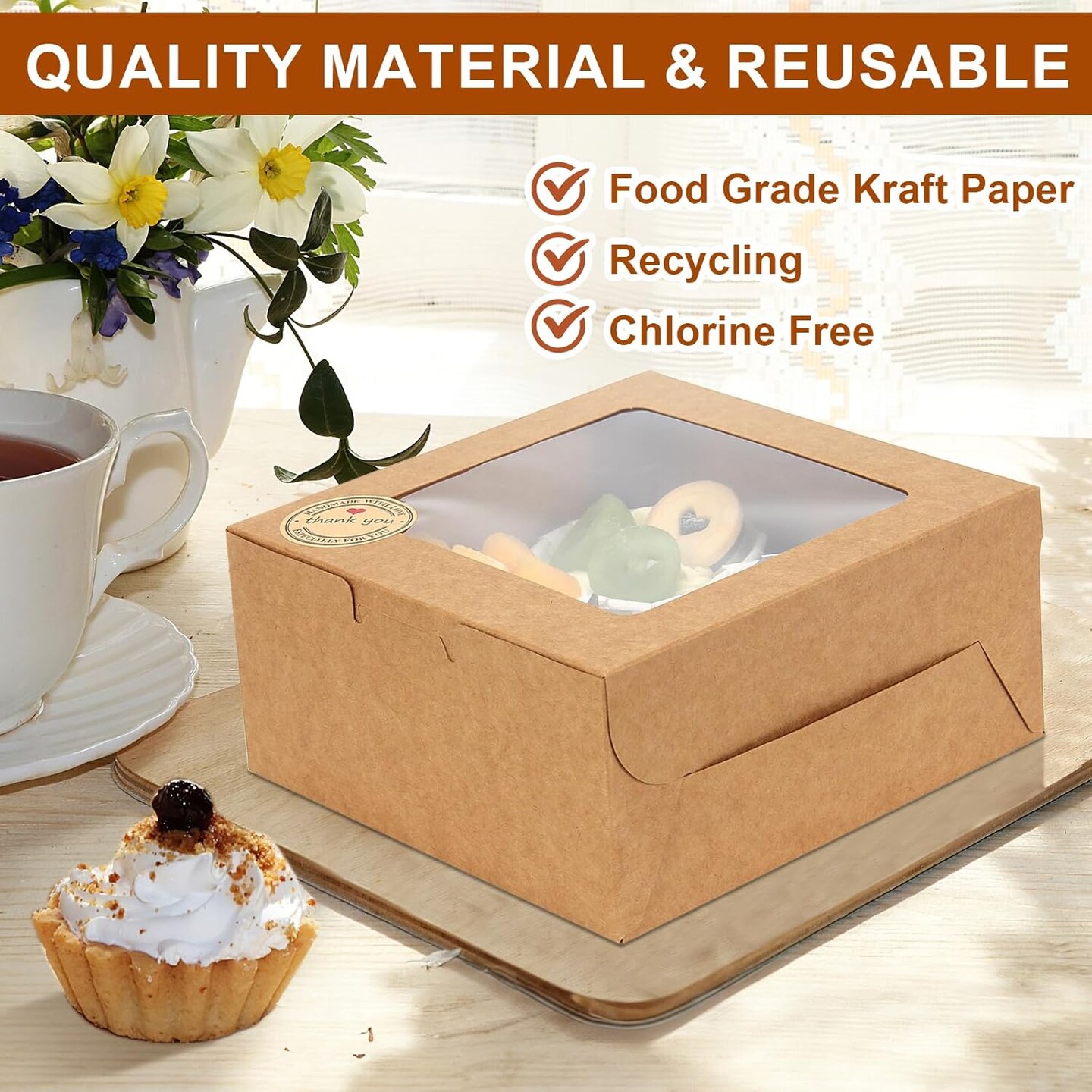 50 PCS Cupcake Boxes with Window Cupcake Containers 4 Count, Cookie Boxes 6x6x3 Inch, Bakery Pastry Cake Dessert Treat Boxes with Stickers &#x26; Jute Twine
