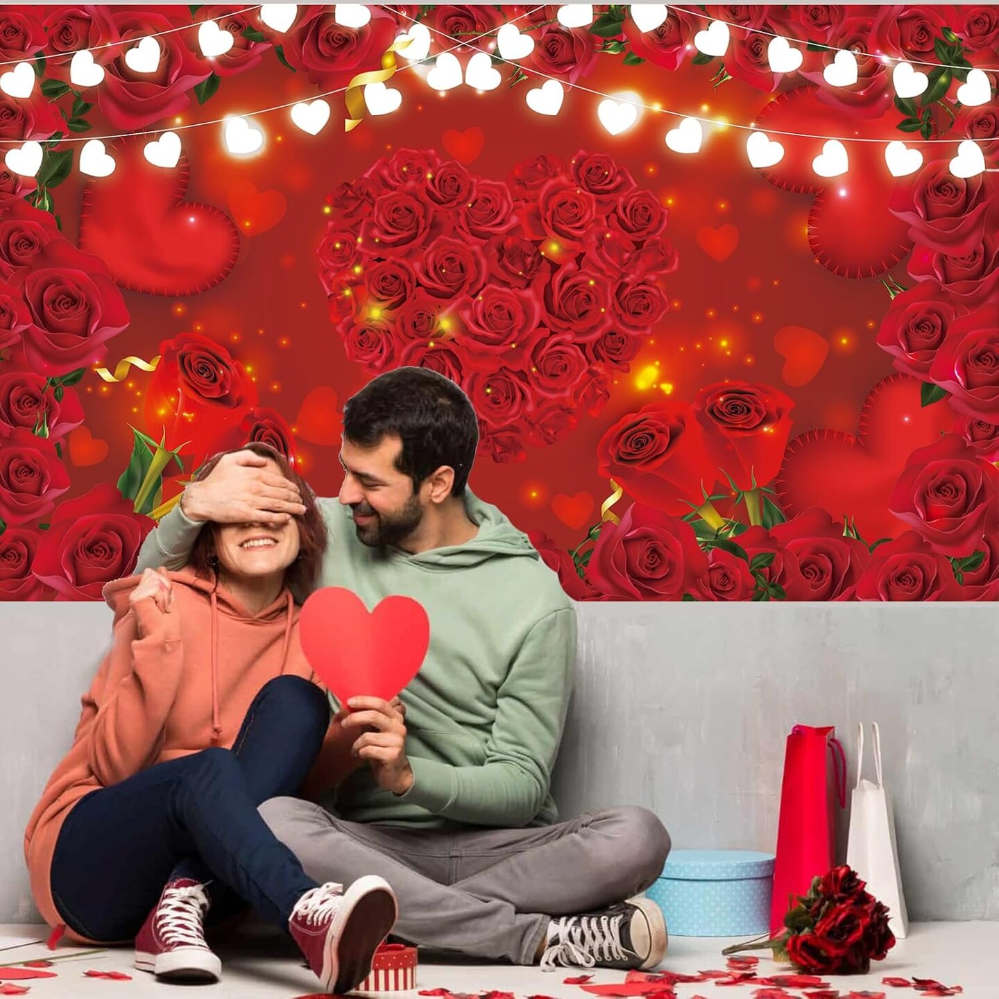 Red Rose Floral Heart Backdrop – 72.8×43.3in, Party & Photography Decoration