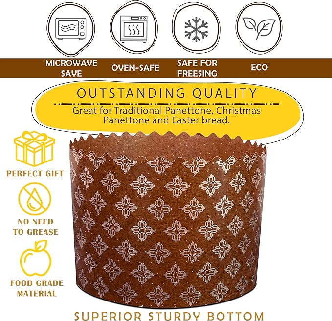 12 oz Easter Bread Forms Paska Mold Kulich |12 pcs| Easter Bread Paper Mold - Panettone Paper Mold - Brown Panettone Paper Baking Molds Universal | Brown Design W 4.3 x H 3.3-In