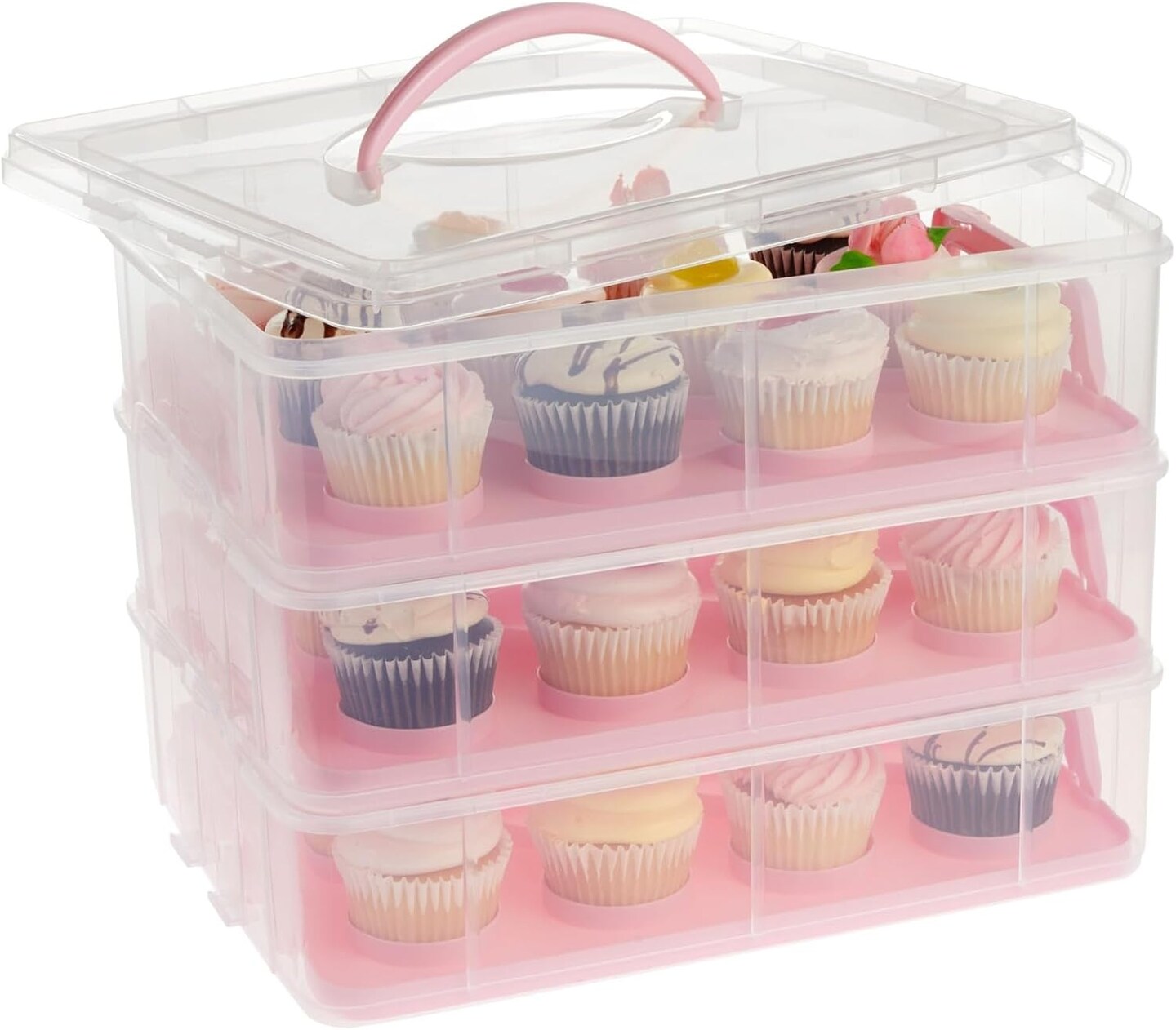 3 Tier Cupcake Carrier with Lid and Handle, Holds 36 Cupcakes (Pink, 13.5 x 10.25 x 10.75 In)