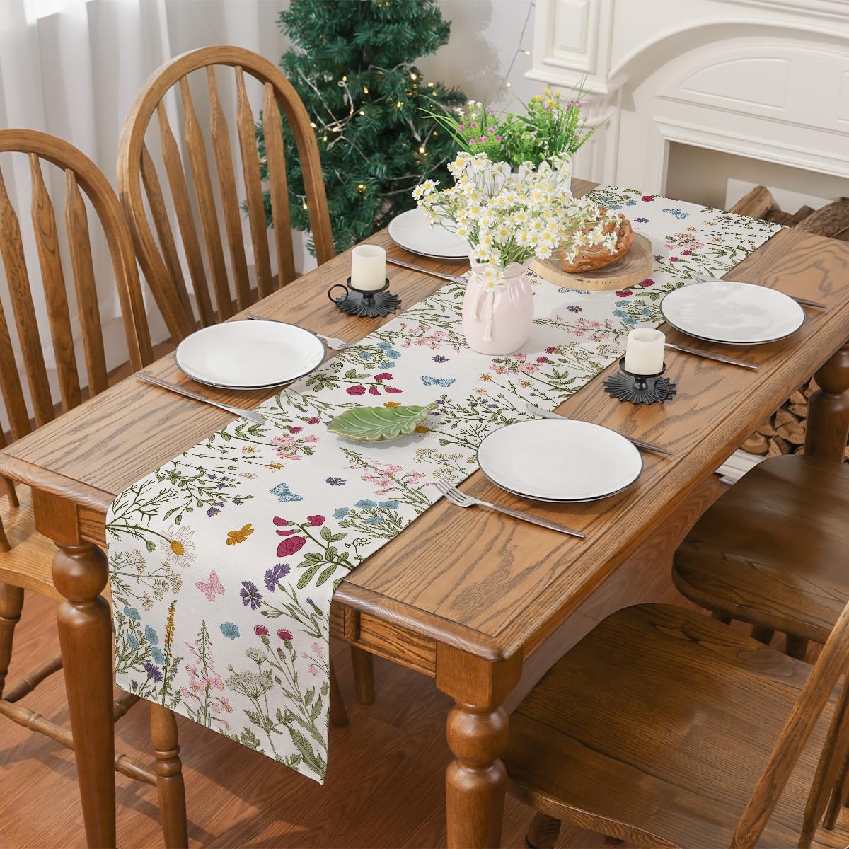 Wildflowers Summer Decor Floral Butterfly Seasonal Kitchen Dining Table Decoration for Home 13x72 Inch