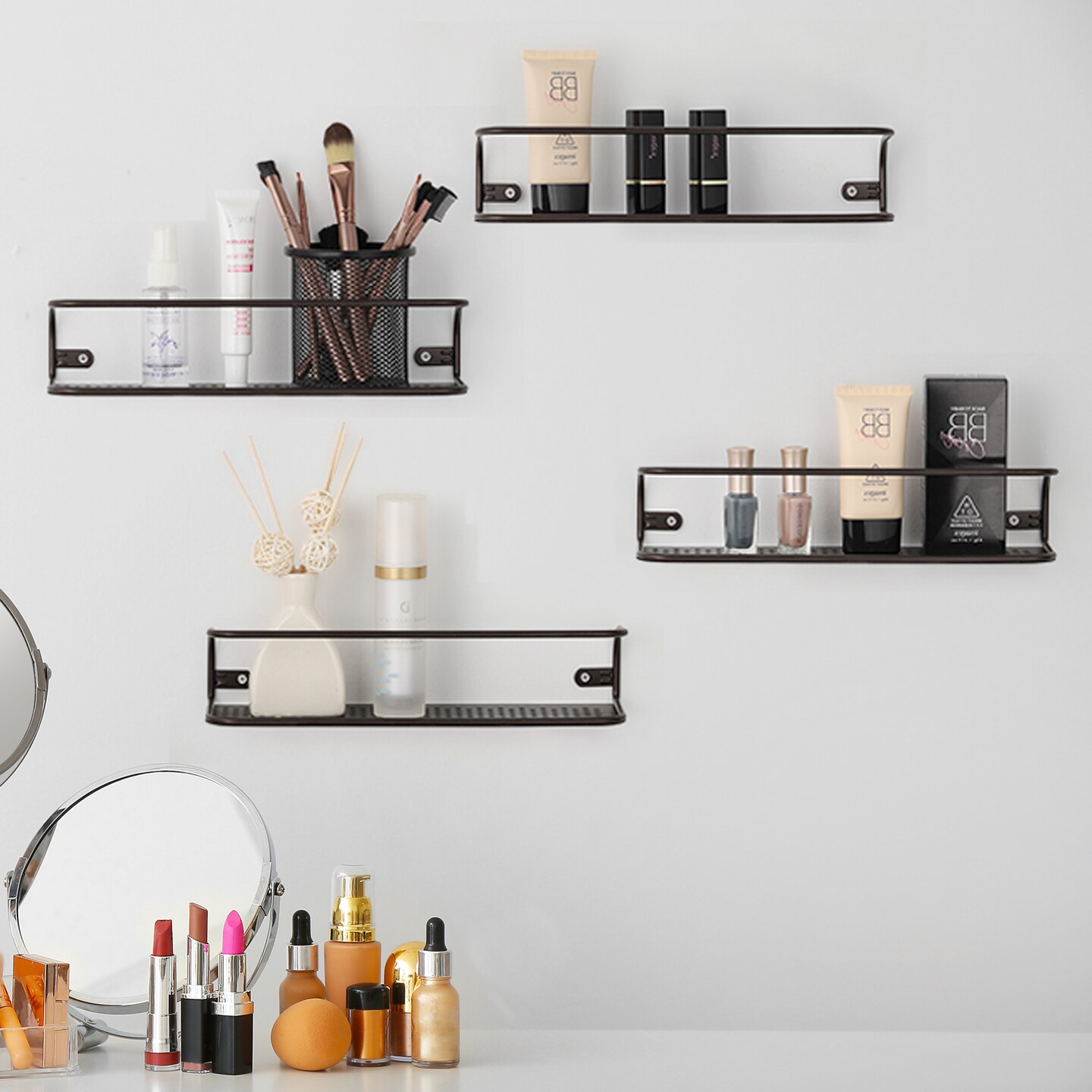 4pcs Large Brown Tiered Spice Rack – Step Shelf Organizer for Kitchen Cabinet, Countertop & Pantry Storage