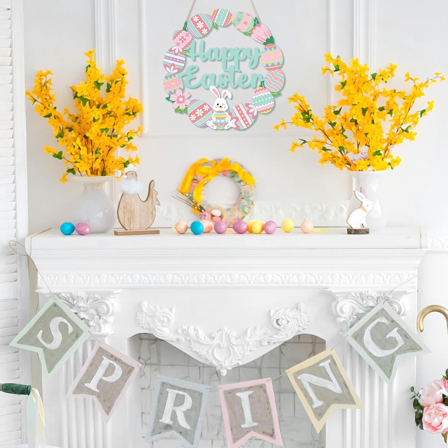 Happy Easter Wooden Sign with Bunny & Eggs – Pink/Green Spring Home Decor