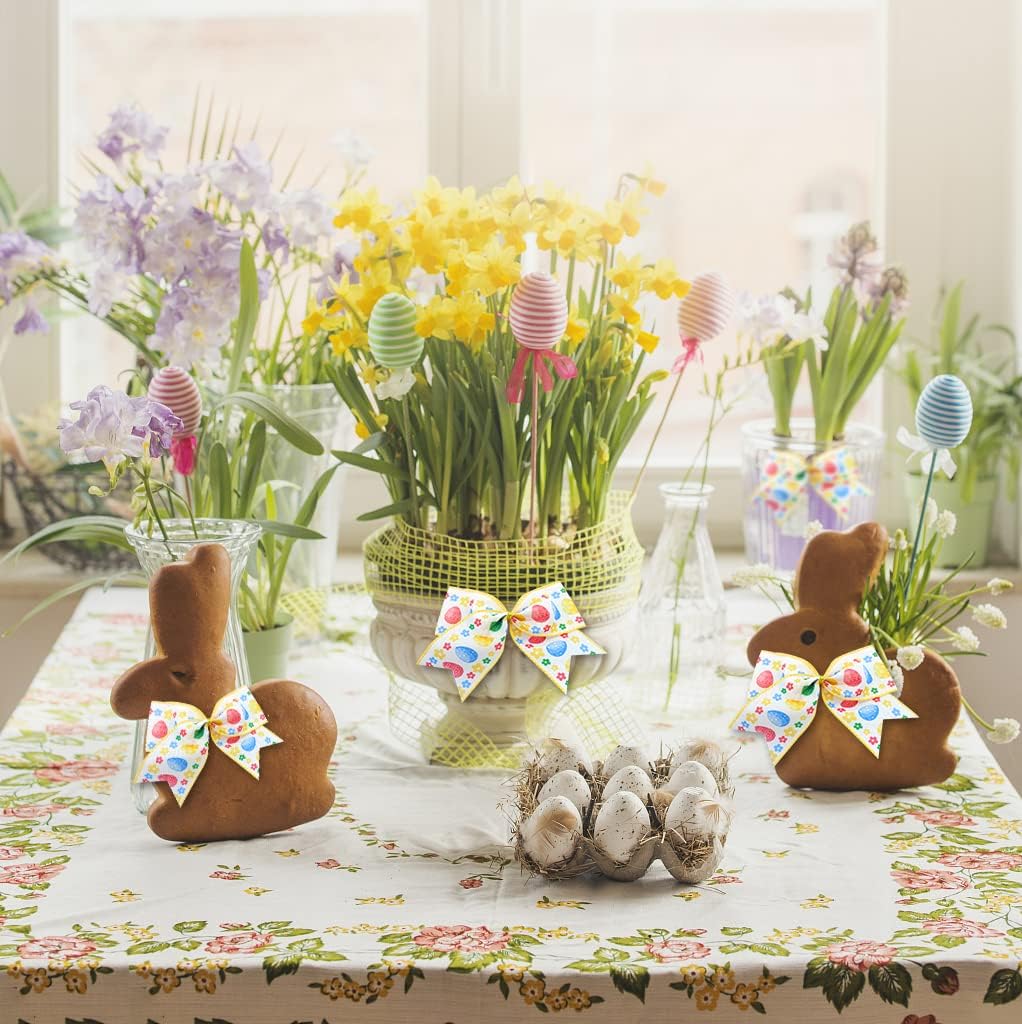 10 Pieces Easter Bows for Wreath, Happy Easter Wreath Bows White Yellow Burlap Bows Spring Holiday Eggs Flowers Gift Bows for Front Door Easter Spring Birthday Party Decorations Supplies