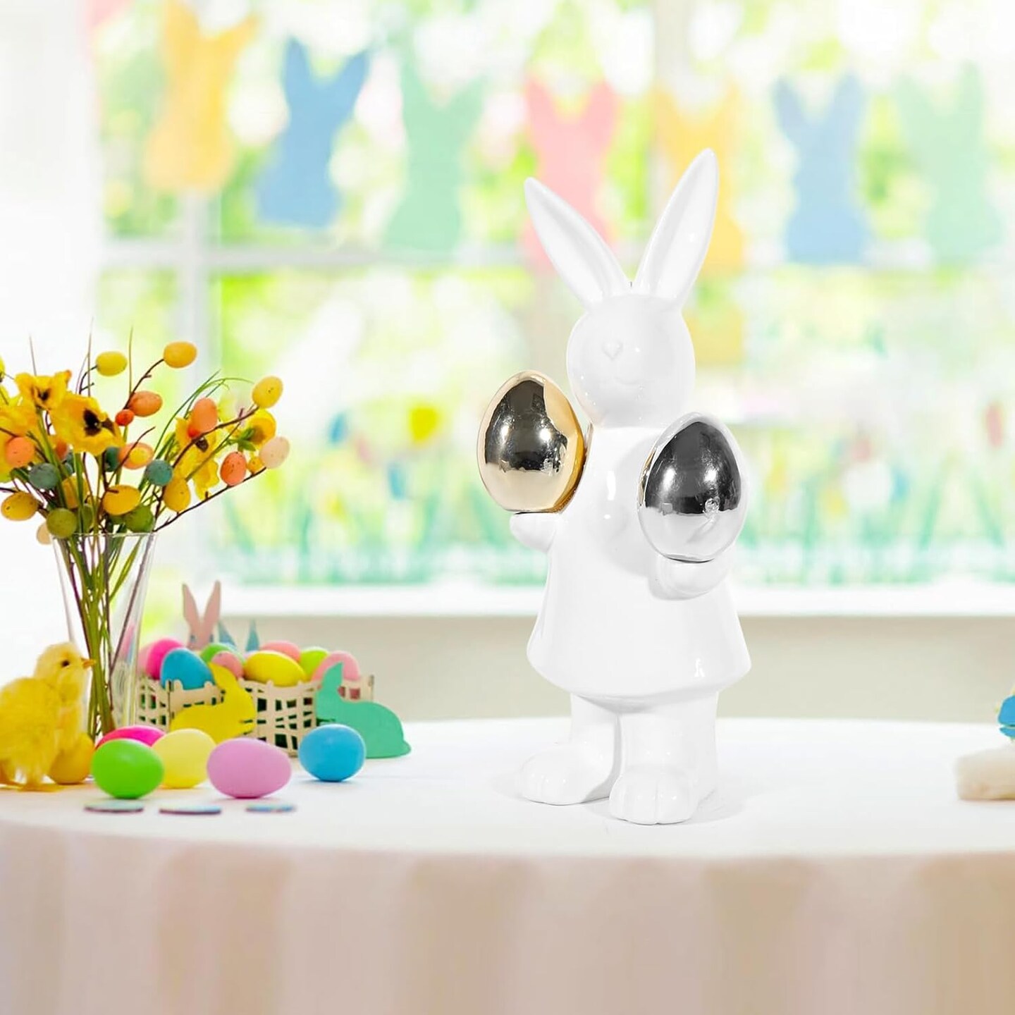 Ceramic Bunny Easter Decor,Table Rabbit Easter Decorations,Spring Bunnies Decoration Statue Figurine for Home Farmhouse(Gold and Silver Eggs-Big)