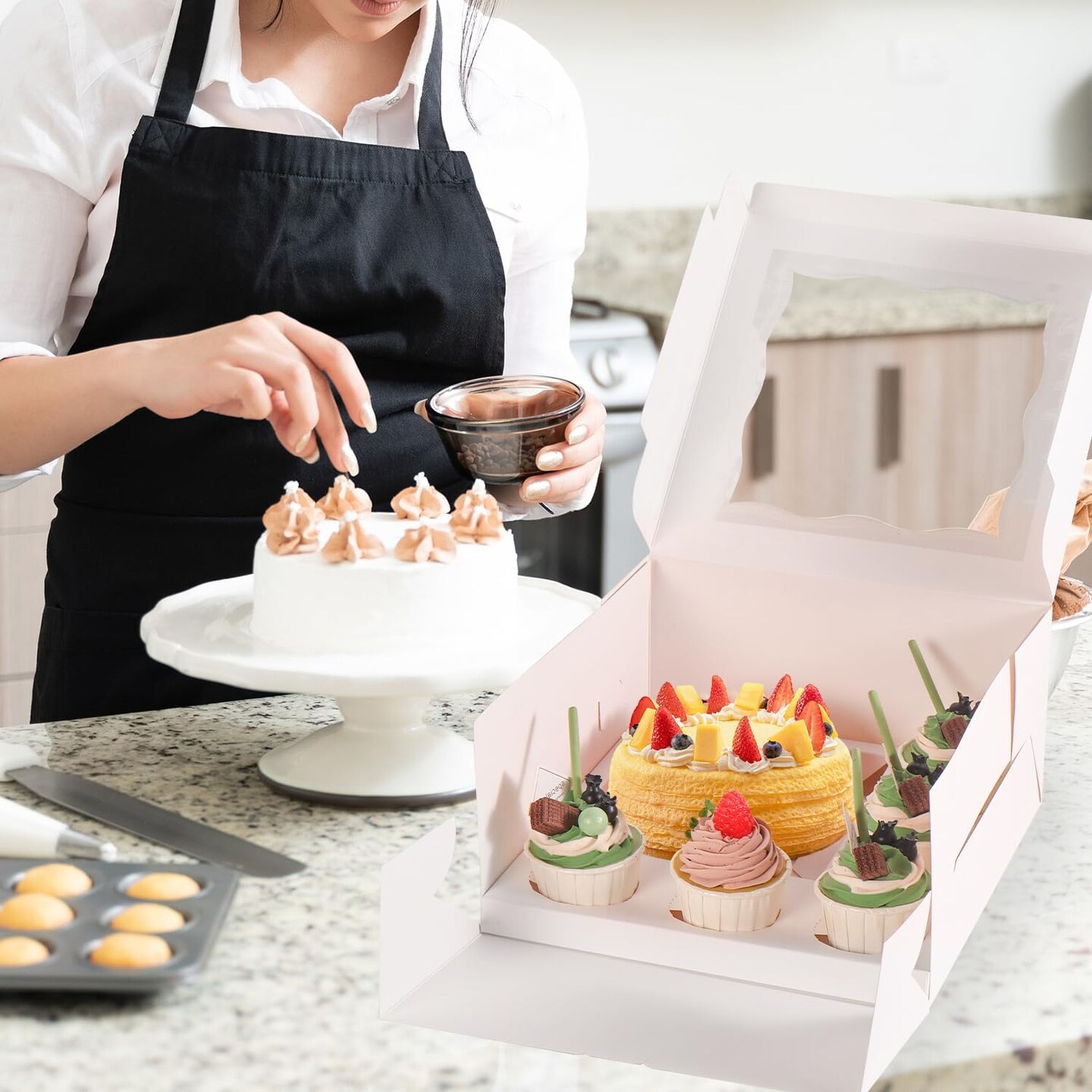 8 Packs 1+5 Cupcake Box Combo with Clear Window,1 small Cake and 5 Cupcakes Box with insert and Stickers, for Family Birthday Party Mother&#x27;s day (1+5/8pcs)