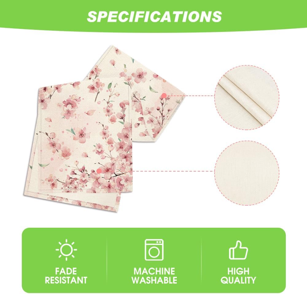 Floral Cherry Blossoms Branches Summer Table Runner, Seasonal Spring Kitchen Dining Table Decoration for Home Party Decor 13x72 Inch