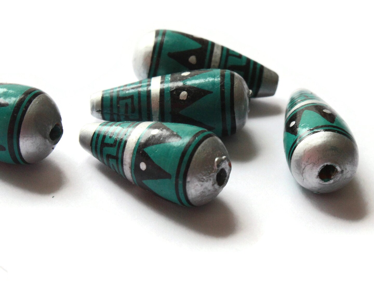 5 28mm Vintage Painted Peruvian Clay Beads - Teal, Silver, and Black Patterned Teardrop Beads