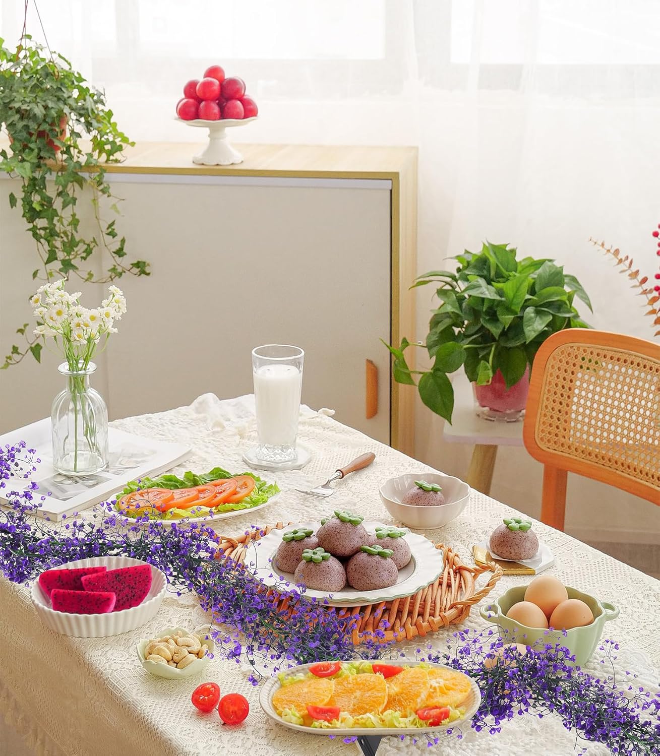 2 Pcs 5.6 Ft Artificial Hanging Garland with Purple Fern & Ivy Leaves