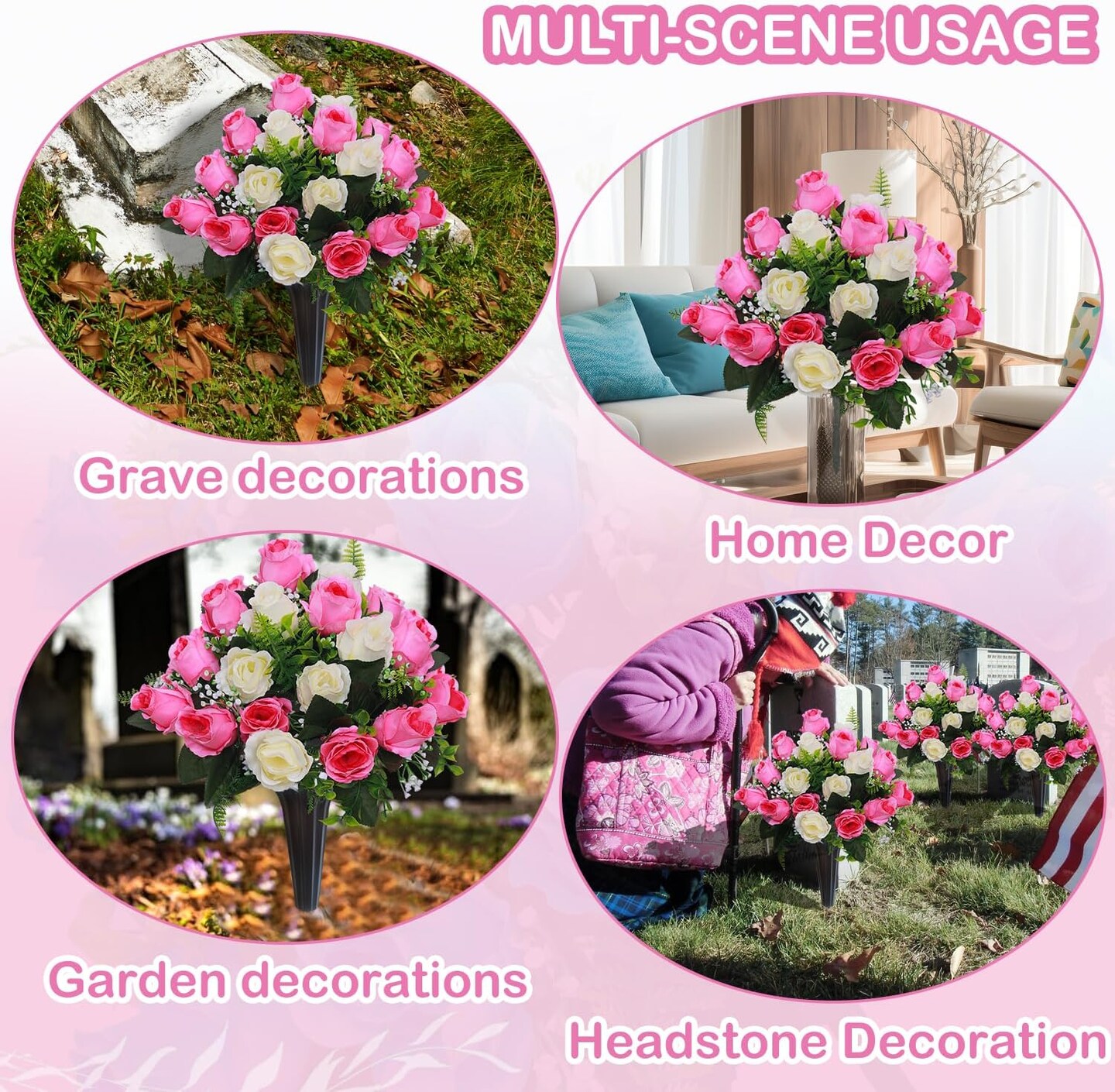 Set of 2 Artificial Cemetery Flowers with Vase – Memorial Flower Bouquet for Grave, Headstone Decoration, Indoor & Outdoor (Pink & White)