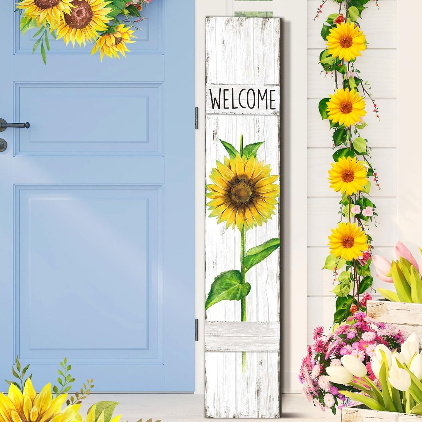 Spring Summer Porch Sign Sunflower Wooden Welcome Sign for Front Porch Standing Vertical Sign Rustic Spring Decor with White Background for Farmhouse Door Decoration, 42&#x22; H