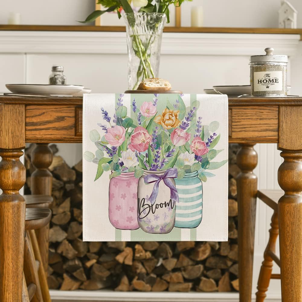 Vase Bloom Tulip Lavender Summer Table Runner, Seasonal Spring Kitchen Dining Table Decoration for Home Party Decor 13x72 Inch