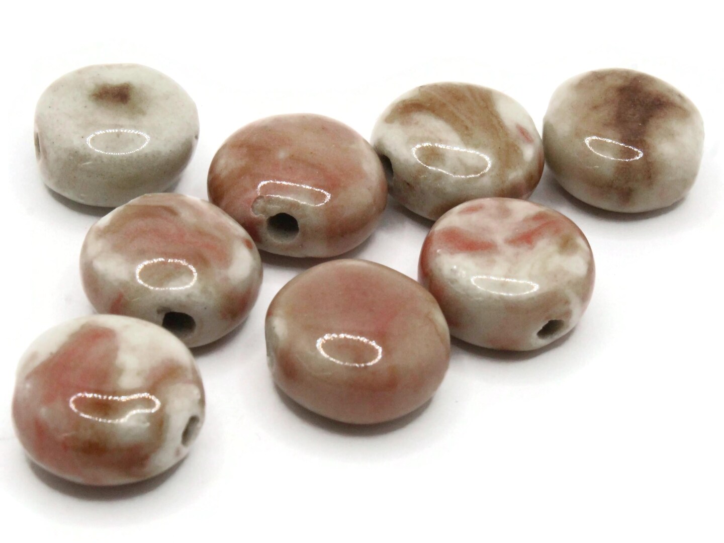 8 15mm Light Gray with Red and Brown Ceramic Coin Large Hole Beads