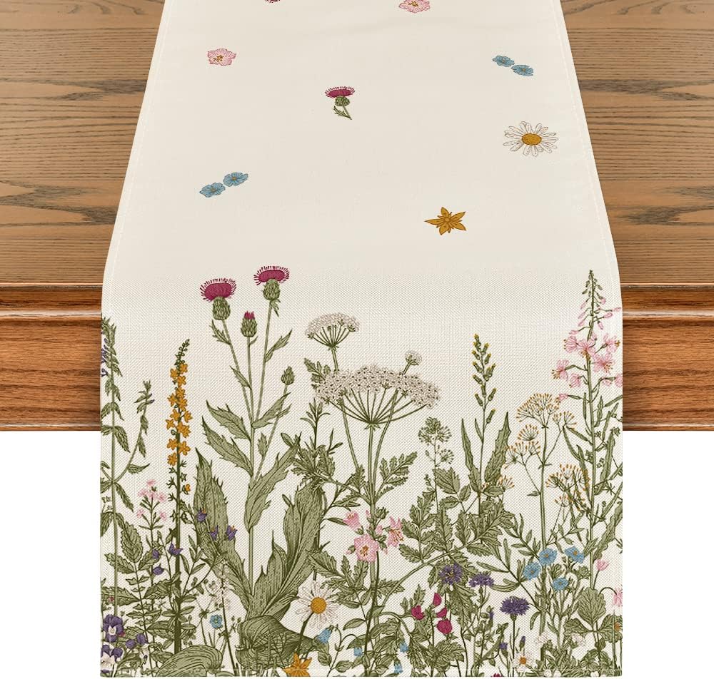 13x72” Antique Herbs & Wildflowers Table Runner – Spring/Summer/Fall Home Decor