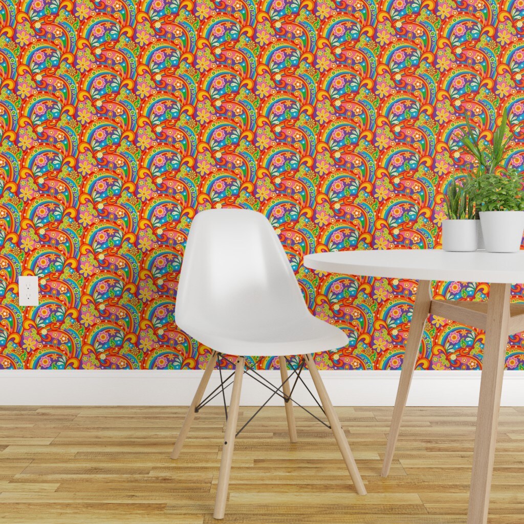 Peel &#x26; Stick Wallpaper 2FT Wide 1960S Psychedelic Flower Power Flowers Colorful Rainbows Red Pink Orange Purple Costume Custom Removable Wallpaper by Spoonflower