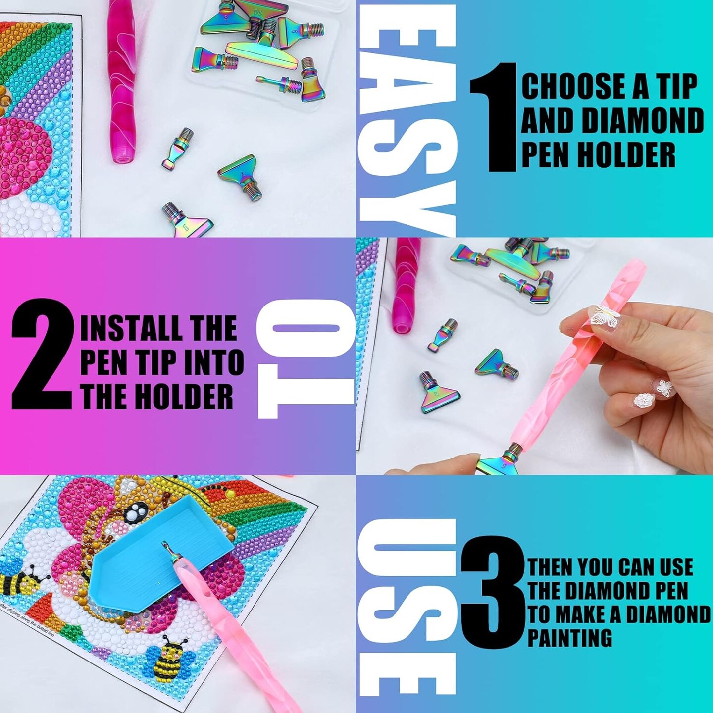 23 Pcs Diamond Painting Pen Accessories 5D Metal Tips Diamond Painting Kit Include 4 Art Pen 11 Screw Thread Tips 6 Glue Clays Bead Sorting Trays Gel Pad(Bright Colors)