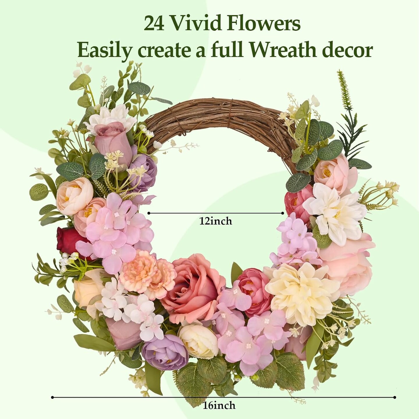 Spring Wreaths for Front Door, 16 Inch Spring Wreath, Summer Door Wreaths for Front Door, Peony Roses Flower Outside All Season Wall Wedding Home Decor