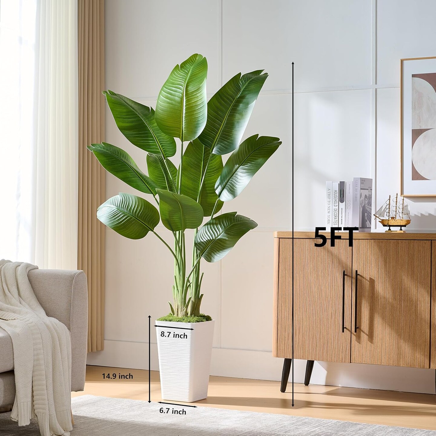 Lifelike Bird of Paradise Silk Artificial Plant Faux Banana Leaf Tree for Home Decor - Perfect Indoor Floor Plant with 9 Trunks (1, White Tall Planter, 5 FT)
