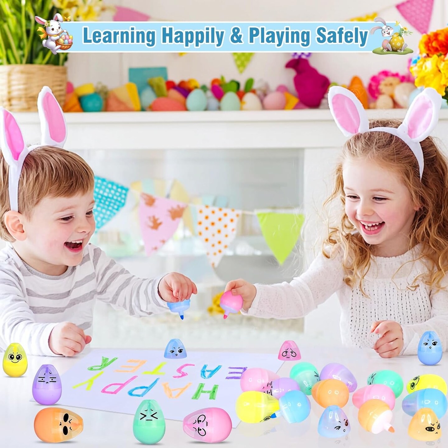 24 Pack Easter Basket Stuffers Novelty Easter Egg Marker Pens for Kids Toddlers, 6 Colors Fluorescent Art Paint Pens Cute Easter Toys for Easter Hunt Egg Fillers