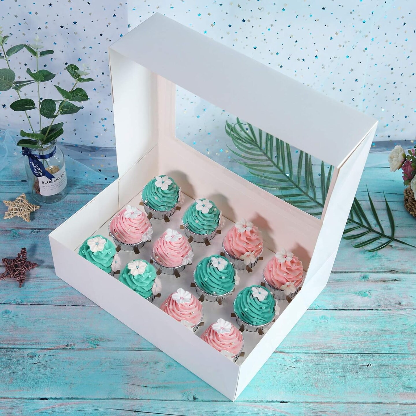 15-Pack White Cupcake Boxes 12 Holders Cake Carrier Food Grade Pop-up Bakery Boxes 13.8 x 9.5 x 4inch with Inserts and PVC Windows Fits 12 Cavity Cupcake Pack of 15