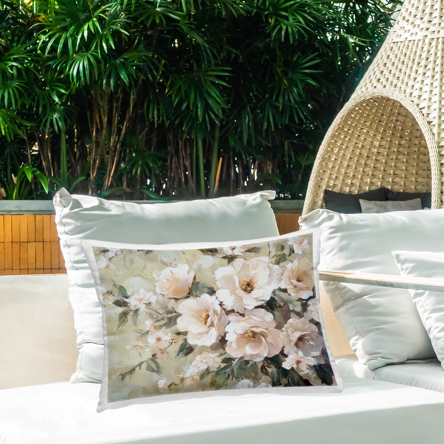 Stupell Industries Cream Dynamic Florals Outdoor Printed Throw Pillow Design by Petal Prints Design, 14 x 7 x 20