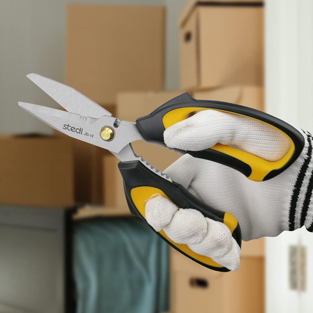 8-inch Scissors Heavy Duty, Multipurpose Scissors, Stainless Steel Blade, with Small Serrations and Protective Cover, Comfortable Non-Slip Handle, Easy Cutting Cardboard,Wires,Leather, Fabric.