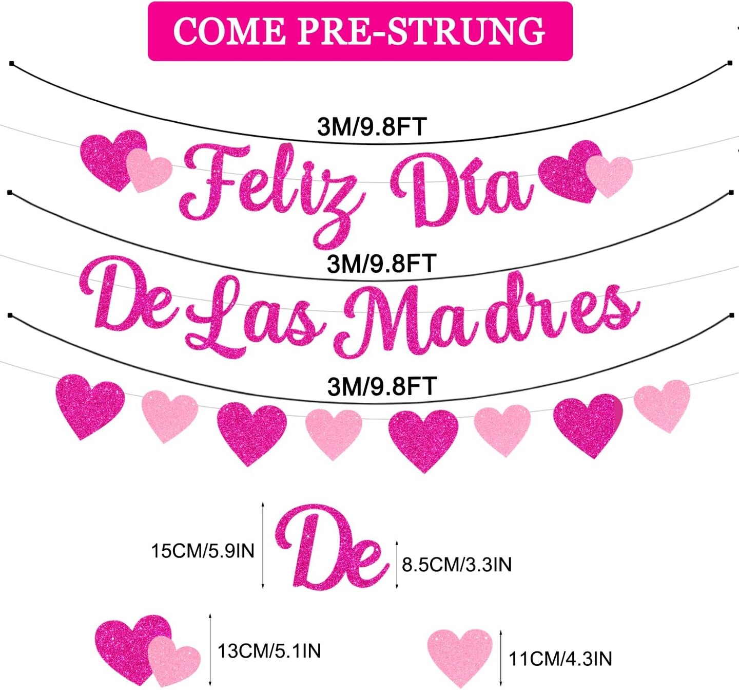 Glittery Feliz Dia De Las Madres Banner with Heart Rose Red Pink Happy Mother’s Day Banner 118.11 Inches