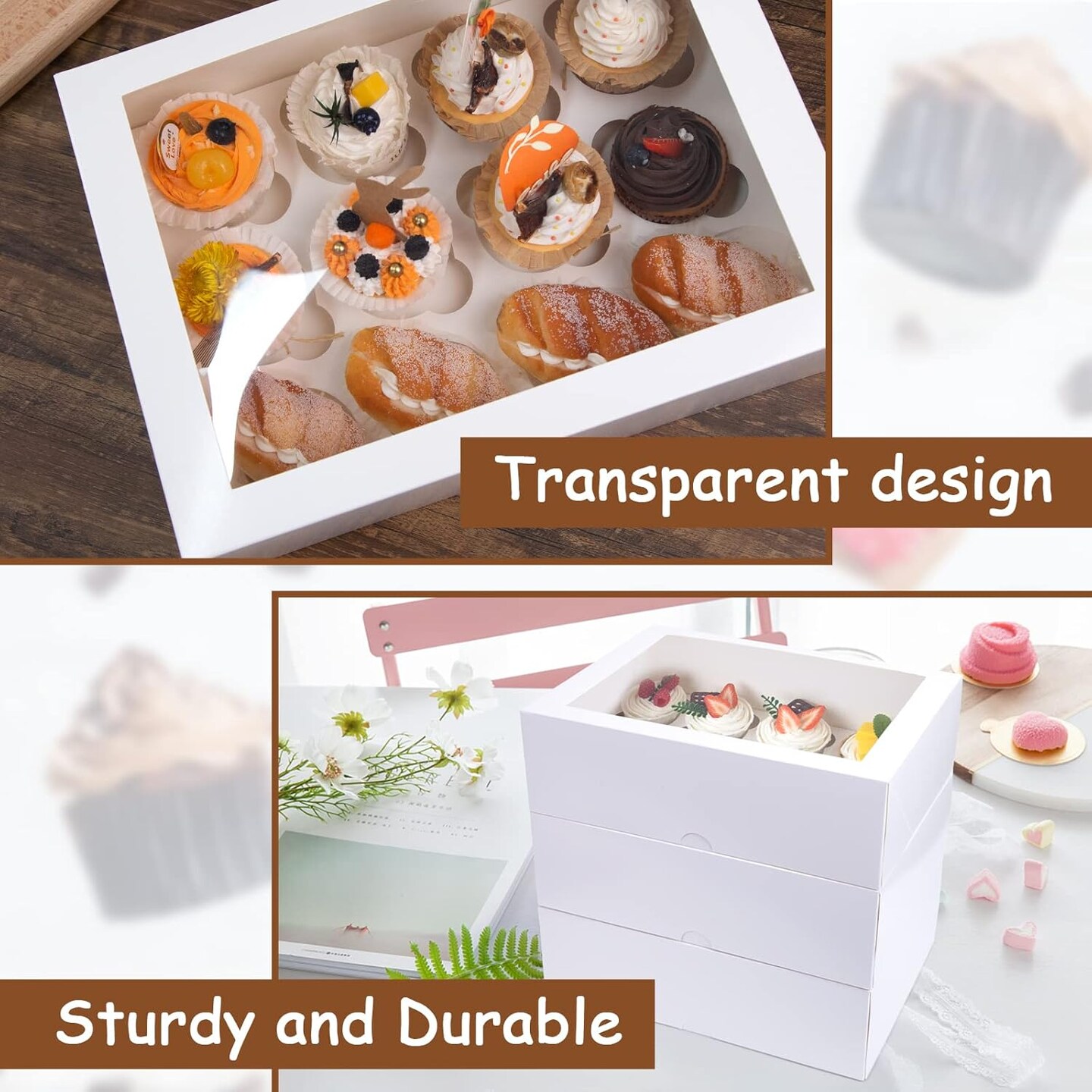 12 Count Cupcake Boxes, 6PCS Cupcake Container with Window Boxes Holding 72 Pastry Box for Birthday Holiday Party Bakery Supplies 13.2&#x22;x9.8&#x22;x4&#x22;