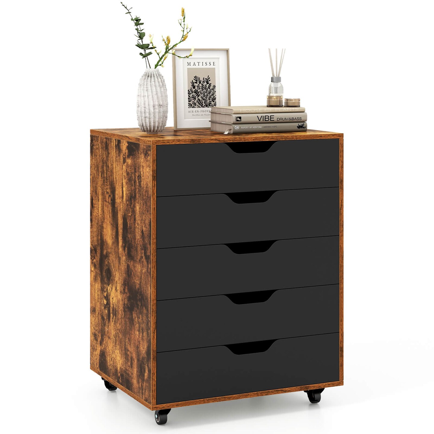 Costway 5 Drawer Chest Storage Dresser Floor Cabinet Organizer with Wheels White/Black/Rustic Brown