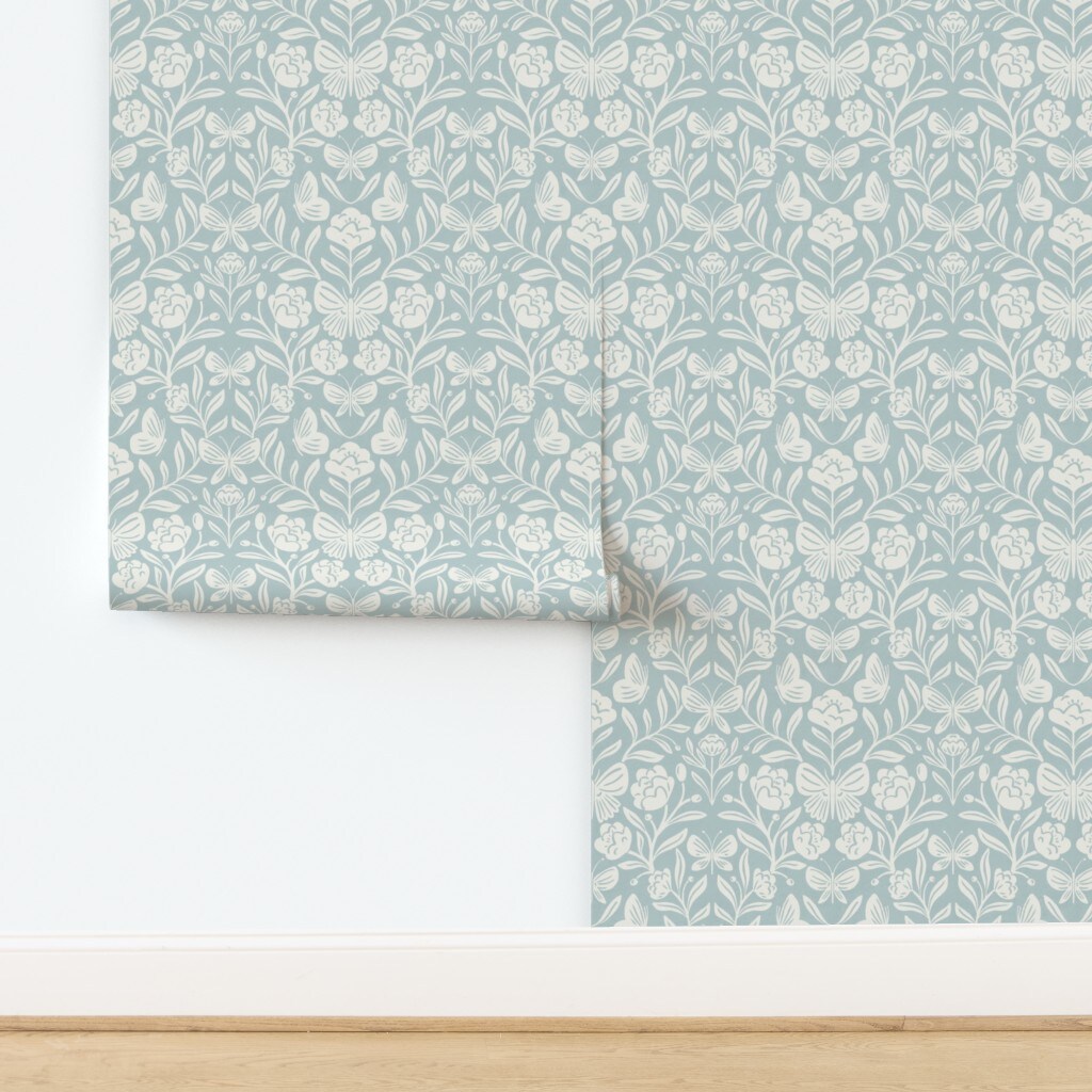 Boho Whimsical Cottagecore Butterfly Floral Wildflowers Blue Garden Medium Scale Pale William Morris Butterflies Custom Pre-pasted Wallpaper by Spoonflower Pre-Pasted Wallpaper 2FT Wide