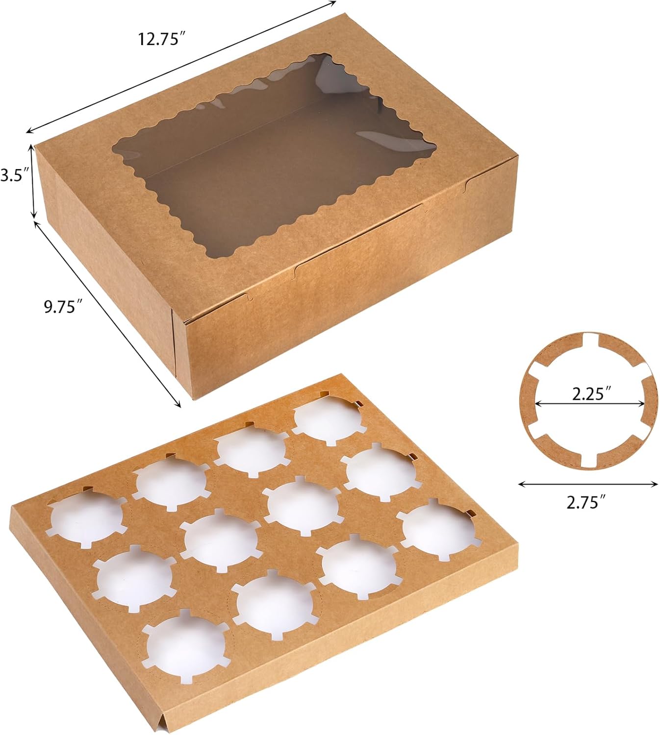 20 Pack Cupcake Boxes, 12 Counts Dozen Cupcake Containers with Window and Insert, Brown Bakery Pastry Treat Boxes for Muffins, Cookies, Donuts, Take Out Containers for Party