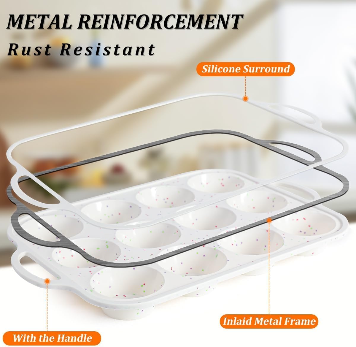 Silicone Muffin Pan, Metal Reinforced Frame Regular Size 2.8 Inch Cupcake Pan with Handle 12 Cups Nonstick Muffin Tray for Baking BPA Free 1 Pack Confetti