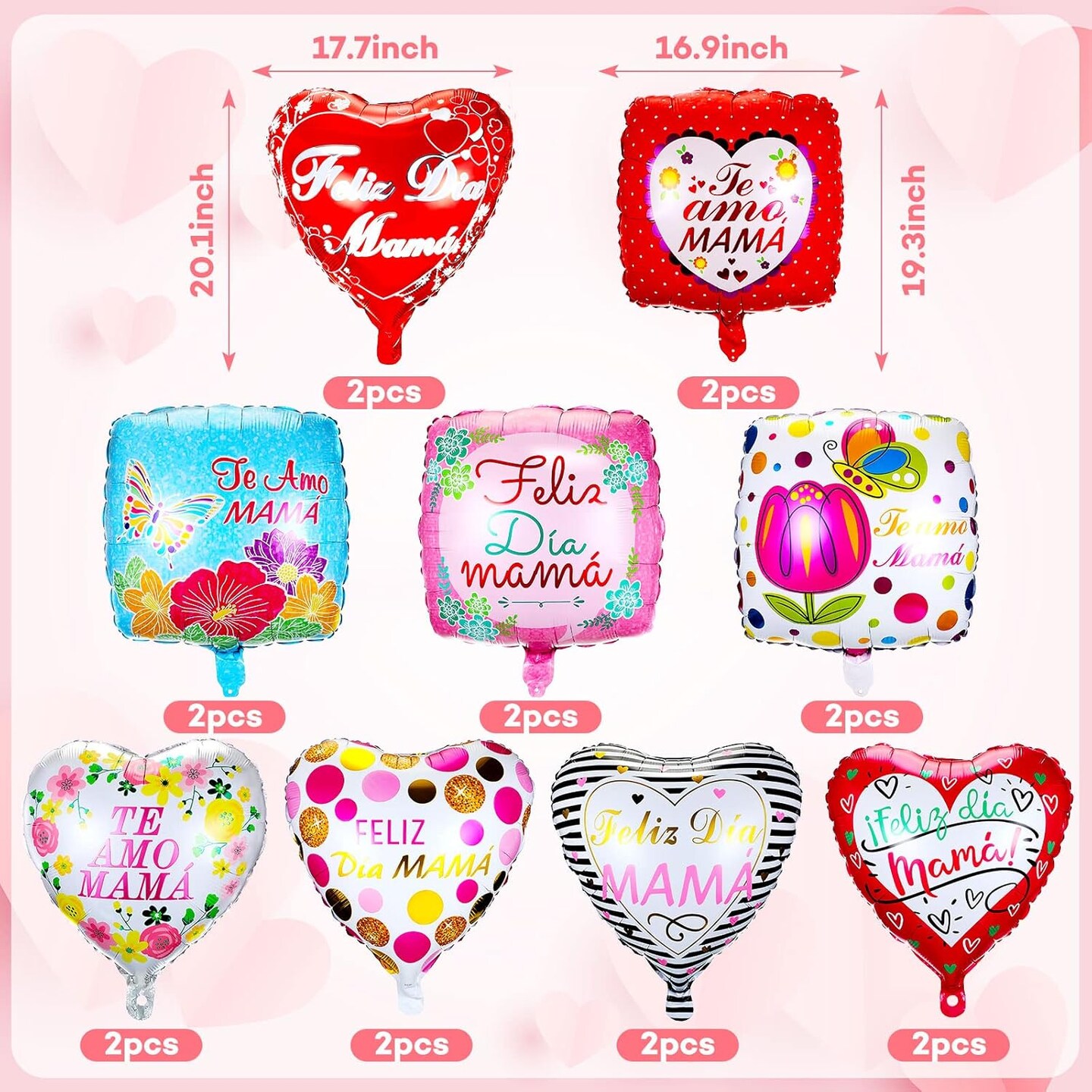 18 Pcs Mother&#x27;s Day Party Balloons Set Aluminum Foil Happy Mother&#x27;s Day Balloon Spanish Te Amo Mam&#xE1; Red Heart Balloons for Mother&#x27;s Day Party Birthday Decorations Supplies, 9 Styles
