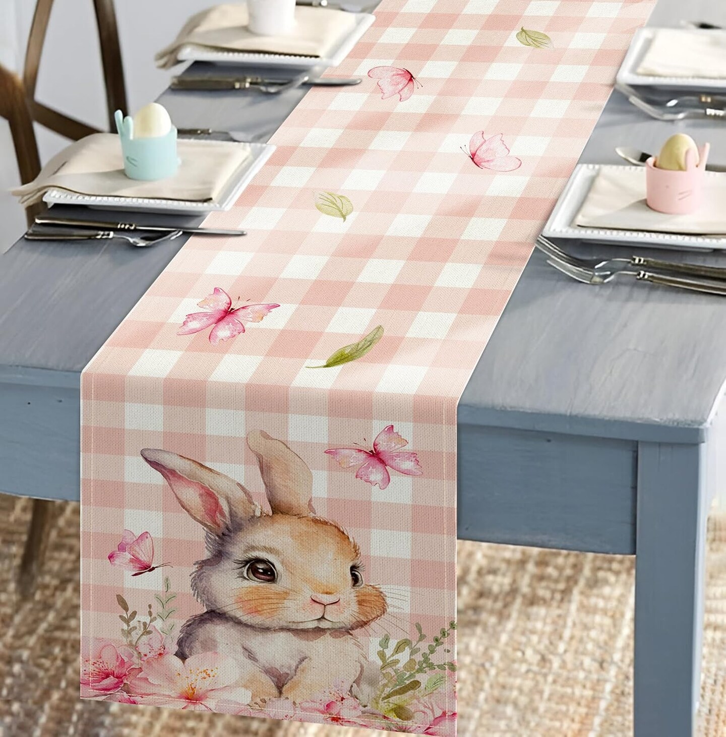 Easter Table Runner 2-Ply (13&#x22;x72&#x22;) - Pink Buffalo Plaid Bunny Runner Design - Spring Table Decorations for Indoor &#x26; Outdoor Home Party Decor - Easter Party Decoration Supplies