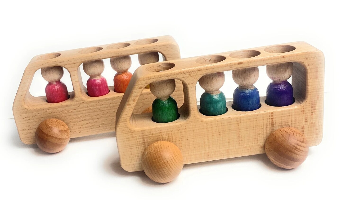 Wooden Teether Bus Set With 4 Peg People - Montessori DIY Paintable Toy For Toddlers