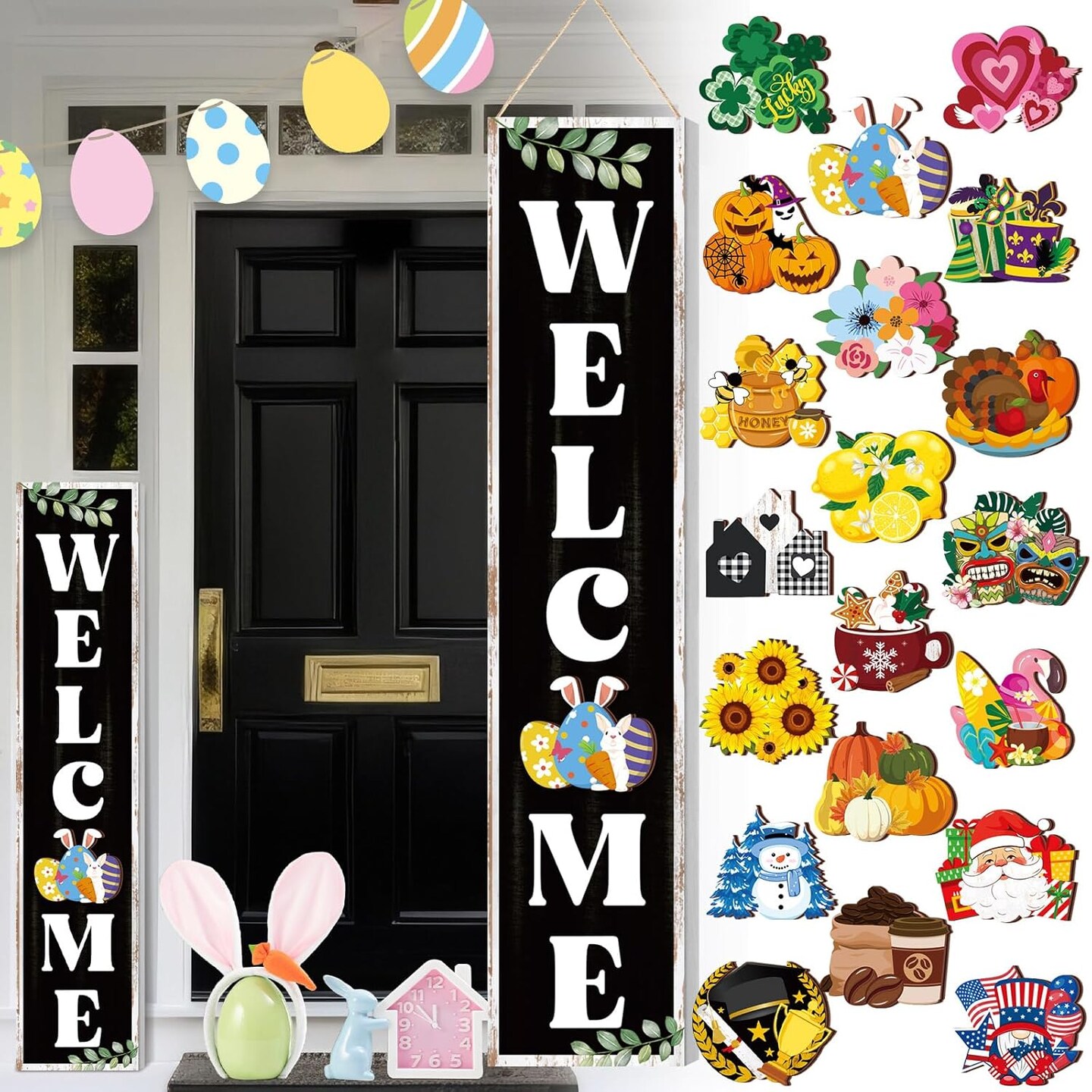 Welcome Sign for Front Door 47 x 9.8 Inch Standing Wooden Sign with 20 Interchangeable Icons