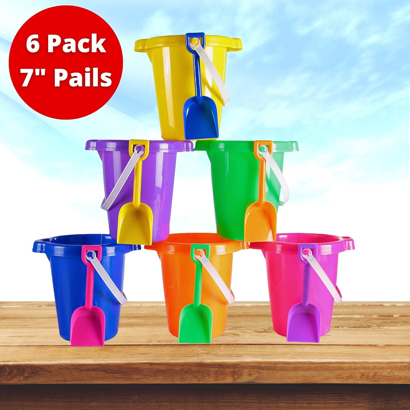 4E&#x27;s Novelty 6 Pack Beach Buckets with Shovels Bulk &#x2013; 7.5&#x22; Sand Buckets &#x26; Shovels for Sand &#x26; Outdoor Play