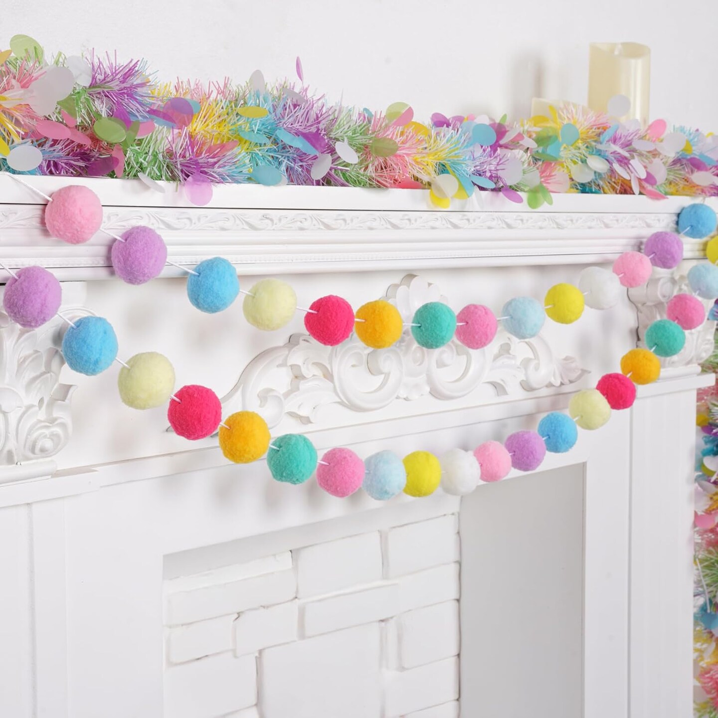 Easter Pom Pom Garland Decorations - Large Spring Felt Ball Garland for Mantle, Indoor Home Decor, Easter Tree Ornaments, Kids Room and Party Hanging Decor,13 Ft.