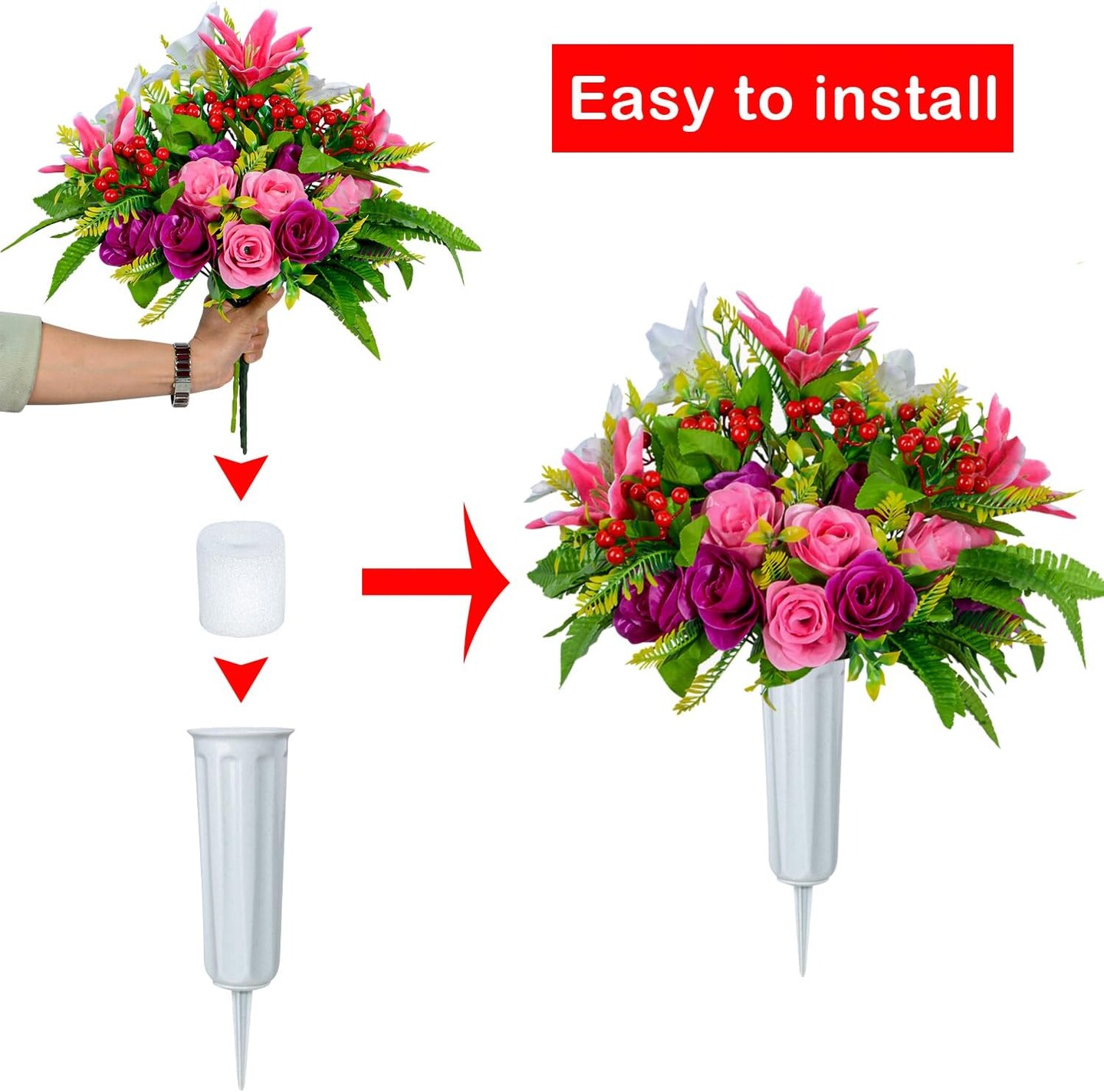 Artificial Cemetery Flowers with Vase, Set of 2 Artificial Rose Lily Bouquet Graveyard Memorial Flowers for Cemetery Headstones Decoration 5&#x22;D x 5&#x22;W x 15&#x22;H