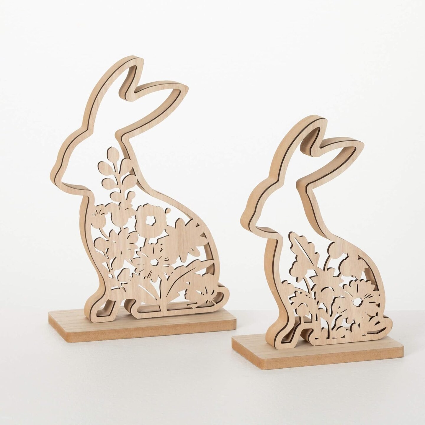 Laser Cut Wood Botanical Bunnies Figurines Set of 2, Easter Bunny Tabletop D&#xE9;cor, Coffee Table D&#xE9;cor, Rustic Farmouse Bookshelf Wood Shelf Mantel Fireplace Decorations, Spring Easter Decor