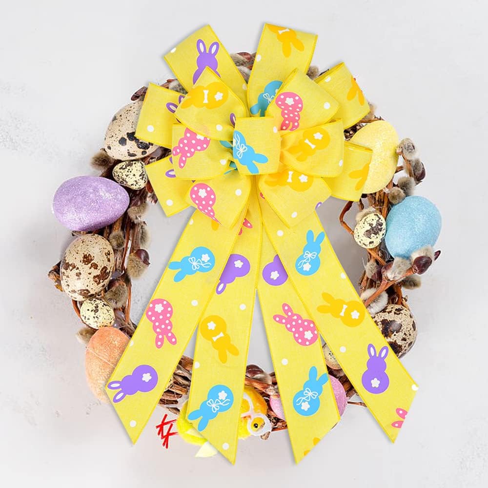 Large Easter Bows for Wreath, Yellow Burlap Ribbon Bow Easter Bunny Wreath Bows Spring Holiday Rabbit Tree Topper Bows for Front Door Easter Party Decorations Supplies
